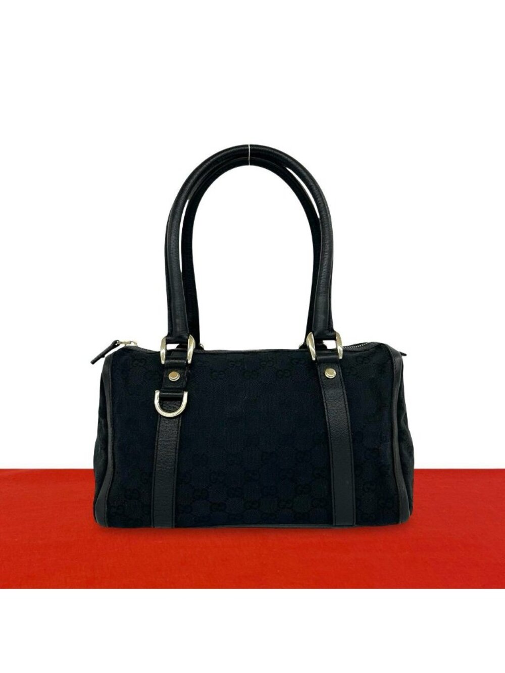 Gucci Logo GG All Over Print Canvas Leather Mini Boston Bag Black
